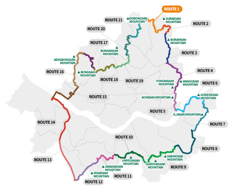 Map showing the 21 Seoul Trail routes around Seoul